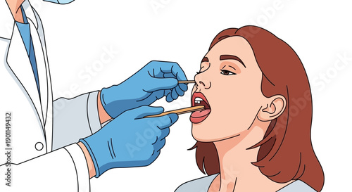 A doctor wearing blue gloves and a white coat uses a cotton swab and a tongue depressor to examine a woman's throat.
