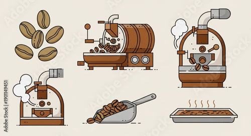 Coffee Roasting Process Equipment and Beans Illustration.