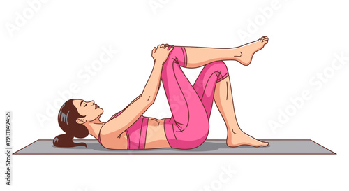 A woman is lying on her back on a yoga mat, pulling one knee towards her chest with her hands.