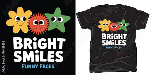 Cartoon tshirt design with cute smiling flower and sun characters on black background