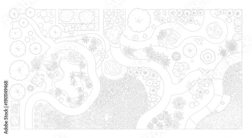 Top-down architectural drawing of a lush garden landscape with winding paths and diverse plant arrangements.
