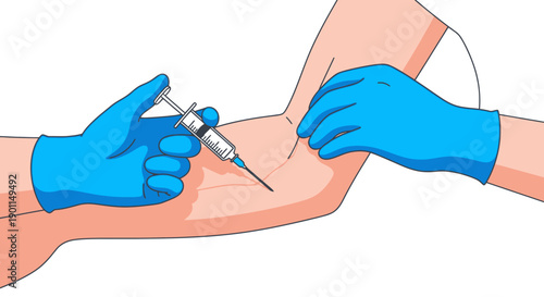 Close-up illustration of a medical professional administering an injection into a patient's arm.