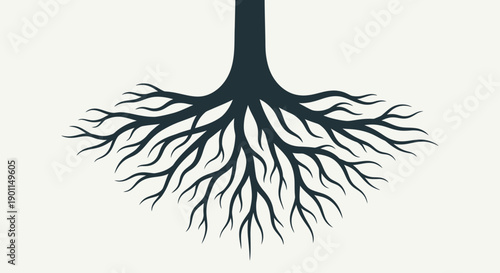 A stylized illustration of a tree's dark blue roots spreading outwards against a light cream background.