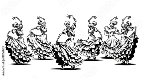 A group of skeletons dressed in traditional Spanish flamenco dresses dancing joyfully.