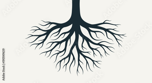 A stylized illustration of a dark tree trunk with an intricate network of spreading roots against a light background.