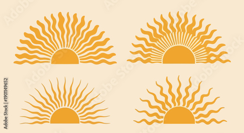 Four stylized semi-circular sun illustrations with wavy and straight rays on a beige background.