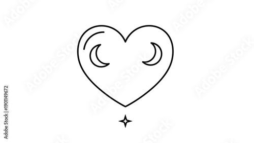 Whimsical line art illustration of a heart adorned with crescent moons and a sparkling star, symbolizing love, dreams, and celestial magic.