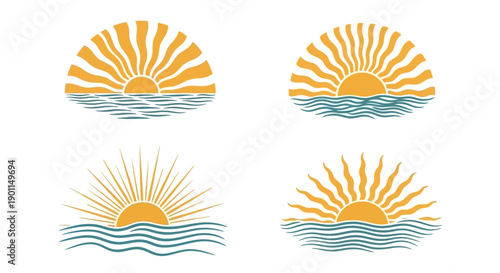 Four stylized illustrations of a sun rising over wavy water, presented in a semi-circular format with radiating lines.