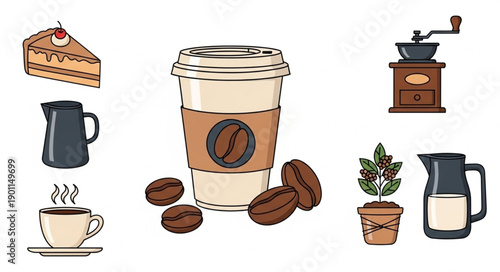 Coffee shop elements including a cup of coffee and cake.