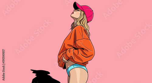 A stylized illustration of a young woman wearing an orange sweatshirt and a pink baseball cap.
