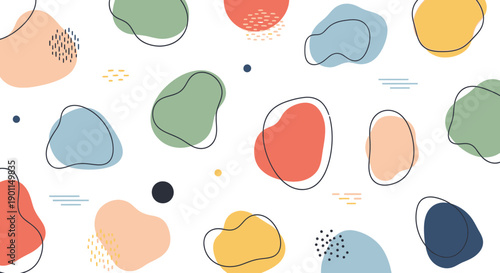 Abstract organic shapes with thin black outlines and textured details on a white background.