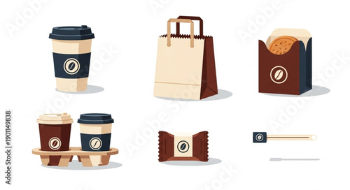 Coffee shop takeaway items including cups bags and snacks.