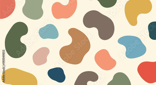 Abstract organic shapes in muted earthy tones on a cream background, creating a playful and modern pattern.