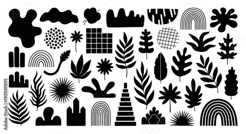 A collection of abstract black shapes and patterns, including organic blobs, geometric forms, and stylized natural elements like leaves and rainbows.