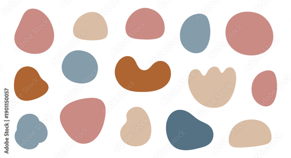 Fototapeta premium A collection of abstract, organic shapes in various muted earth tones and pastel colors, arranged on a white background.