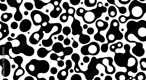 Abstract organic shapes and blobs in a repeating pattern of black and white.