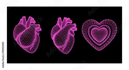 Three stylized wireframe hearts in vibrant pink against a stark black background, showcasing anatomical and abstract representations.