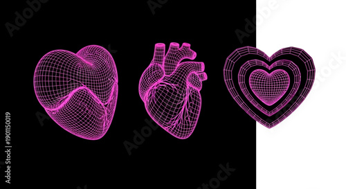 Three stylized wireframe hearts, one anatomical, two abstract, in pink against a split black and white background.
