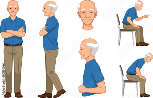 Elderly or old  Man sit on chair with Crossed Arms Character Constructor for Animation Senior Male Multi View Front Side Back, Body Parts, Poses and Postures Set Vector Illustration