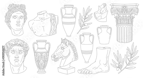 Collection of ancient Greek and Roman artifacts including busts, amphorae, a horse head, and architectural elements.