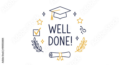 Celebratory Graphic Emphasizing Achievement with Graduation Cap and Scroll