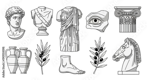 Collection of ancient Greek and Roman sculptures and artifacts, including busts, statues, pottery, and architectural elements.