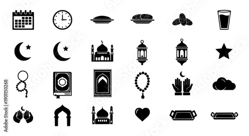 Islamic Ramadan Icons Set Featuring Moon, Mosque, and Traditional Ramadan Food and Symbols