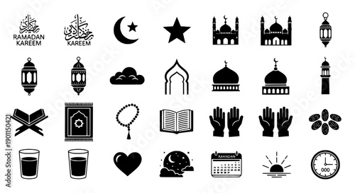 Ramadan Kareem Icons Crescent Moon, Star, Mosque, Quran, Prayer Beads, Hands, Clock