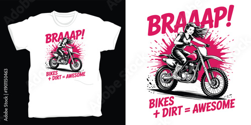 Dirt bike girl riding motorcycle t-shirt design with splash background