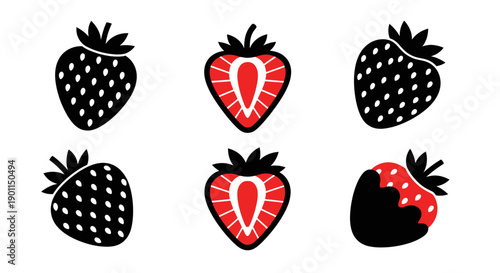 A collection of six stylized strawberry icons, featuring whole and halved fruits, with one dipped in chocolate.