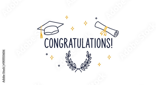 Celebrating Educational Achievement with Cap and Diploma Illustration featuring Congratulations Text and Decorative Elements