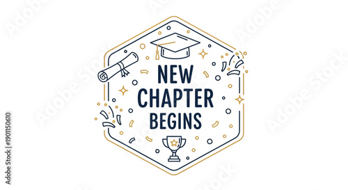 Celebratory announcement announcing the start of a new educational journey with academic symbols and festive elements