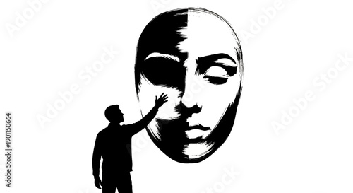 A silhouette of a person reaching out to touch a large, stylized face split between light and shadow.