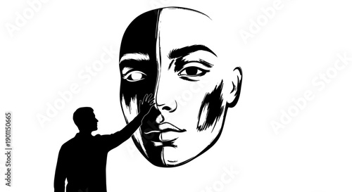 A silhouette of a person touching the nose of a large, split-face illustration, one half in shadow, the other in light.