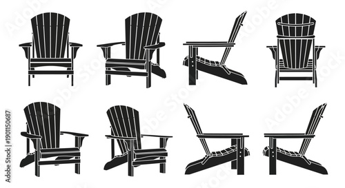 Multiple views of a black Adirondack chair, showcasing its design from front, side, and back perspectives.