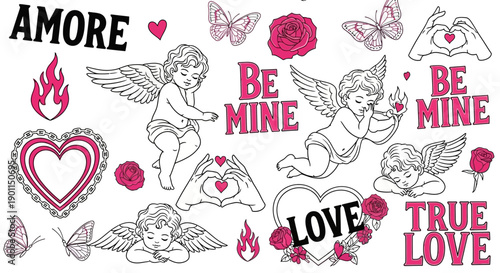 A collection of Valentine's Day themed illustrations featuring cupids, hearts, roses, butterflies, and romantic phrases like "Amore", "Be Mine", and "True Love".