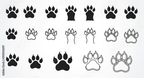 Collection of Animal Paw Print Icons and Symbols.