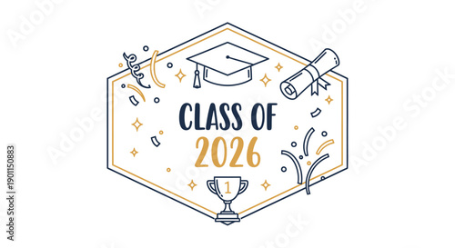 Graduation Emblem of 2026: An elegant emblem showcasing a mortarboard, diploma, and trophy, symbolizing the celebratory spirit of the graduating class of 2026, marking academic milestones.