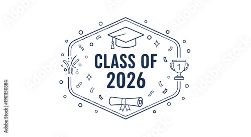 Graduation Class of 2026 Icon: An elegant icon commemorating the graduation year of 2026, featuring a graduation cap, diploma, and trophy.