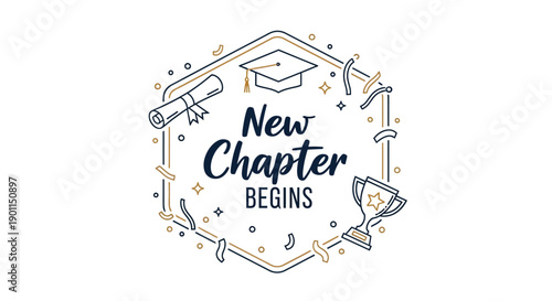 New Chapter Begins: Emblematic design for new beginnings, a diploma and graduation cap celebrate a fresh start. A golden trophy, confetti, and a star embody the spirit of achievement.