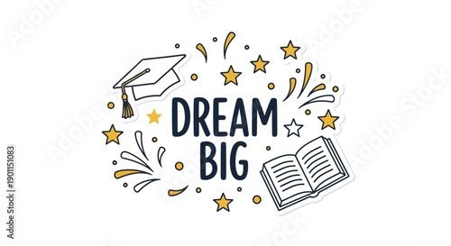 Dream Big: Inspiring illustration, perfect for motivational or educational projects. Illustrating aspirations with an open book and academic cap. 