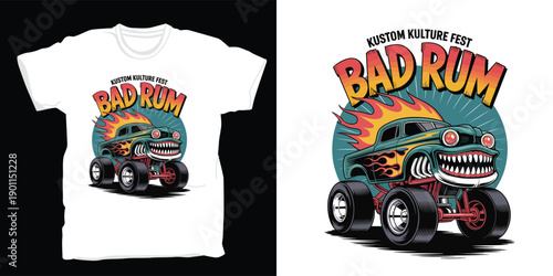 Kustom kulture fest bad rum, vintage t-shirt design with flaming monster hot rod for automotive events