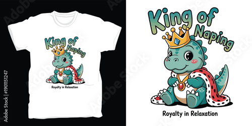 King of napping royalty in relaxation. cute baby dinosaur wearing a crown and royal cape, sitting happily. cartoon vector illustration