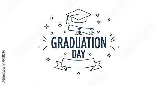 Graduation Day Icon: An elegant illustration of a graduation day, showcasing a mortarboard, rolled diploma, and banner, perfect for marking academic achievements and celebrations.