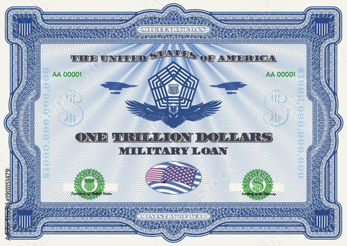 Vector blue security paper, guilloche patterns. Certificate, military loan worth one trillion US dollars. Figure of pentagon, flying eagle and bombers. United States of America. Wealth
