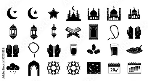 Essential Islamic and Ramadan spiritual symbols. Minimalist black silhouette vector icon set