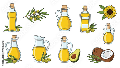 Diverse collection of vegetable and olive oil bottles and pitchers, accompanied by olives, sunflowers, and avocado, emphasizing natural cooking and healthy ingredients.