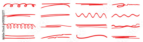 Red brush stroke underline collection. Marker red pen highlights squiggle stroke. Vector swoosh brush handwritten underline set for accent, pencil emphasis element. Vector illustration