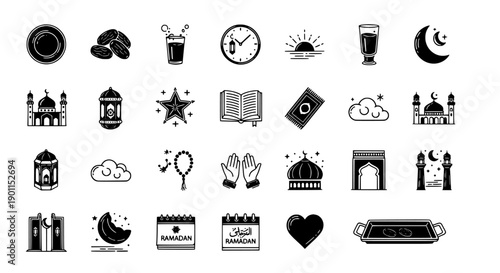Modern Islamic Festival Glyph Icon Collection Celebrating Ramadan and Muslim Cultural Traditions