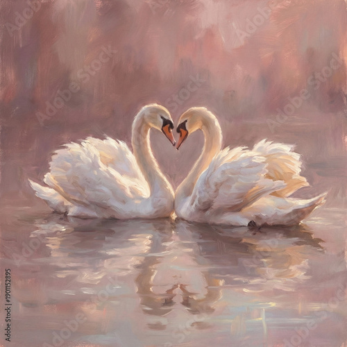 Romantic pair of white swans forming a heart on calm water, dreamy pastel painting
